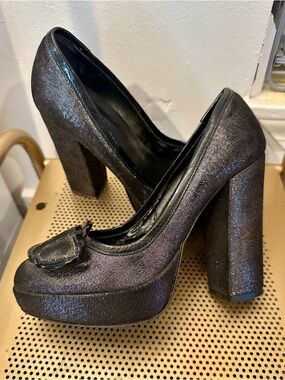 Aldo Black Shimmery Platform Block Heel Pumps with Bow